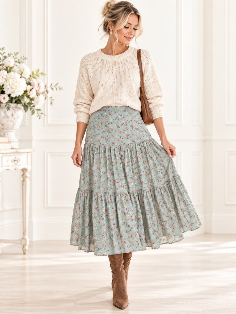 Blue Floral Tiered Midi Skirt Cottagecore Boho | Size Medium
